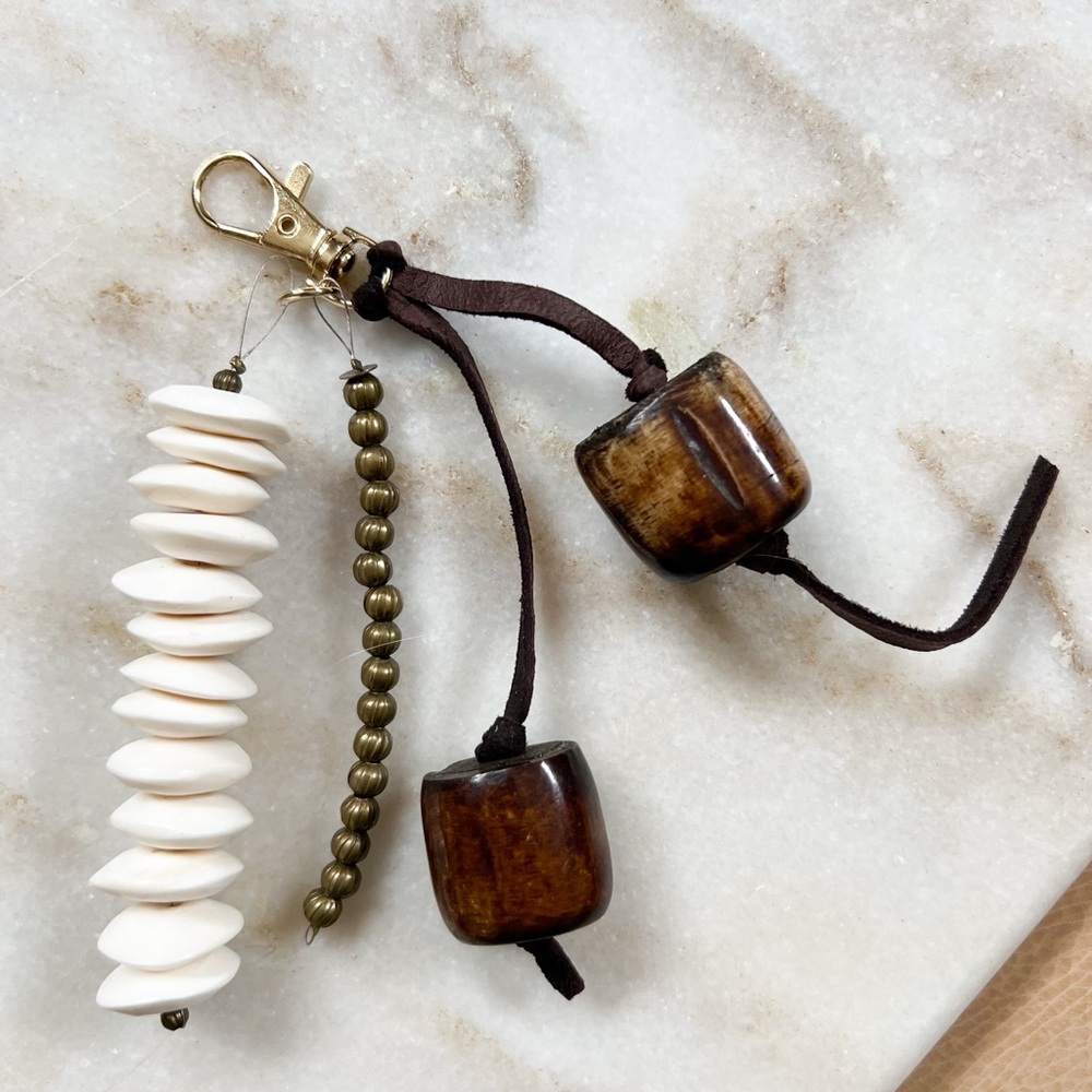 Brown and White Beaded Keychain